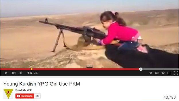 Various copies of a video of a Kurdish girl firing a gun has been viewed hundreds of thousands of times on YouTube