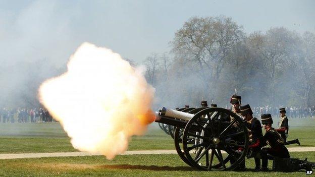 Members of the King's Troop Royal Horse Artillery fire a salvo during a 41 gun Royal Salute to celebrate the birthday of Queen Elizabeth II