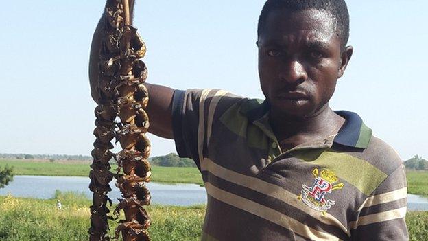 Philip Paul holding a skewer of frogs