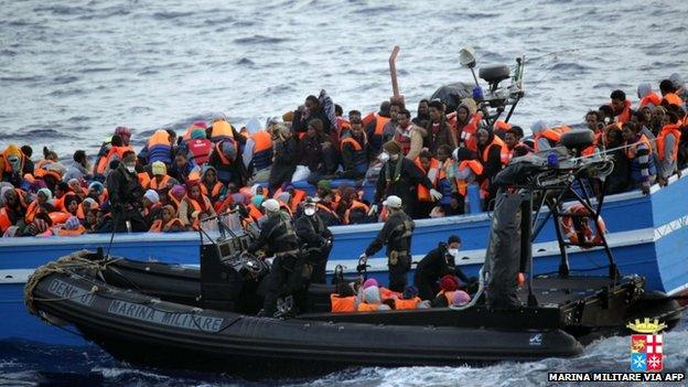 Migrants in a boat during a rescue operation off the coast of Sicily in May 2014