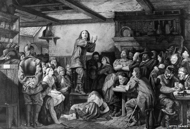 George Fox preaching in a tavern, circa 1650. Original Artwork: Painting by E Wehnert