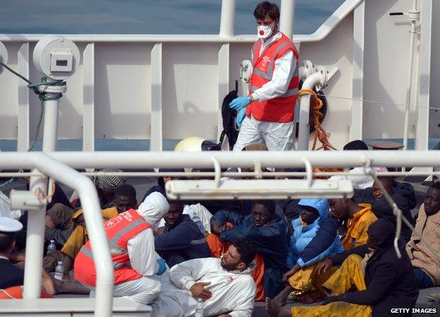 Rescued migrants saved from the fishing boat