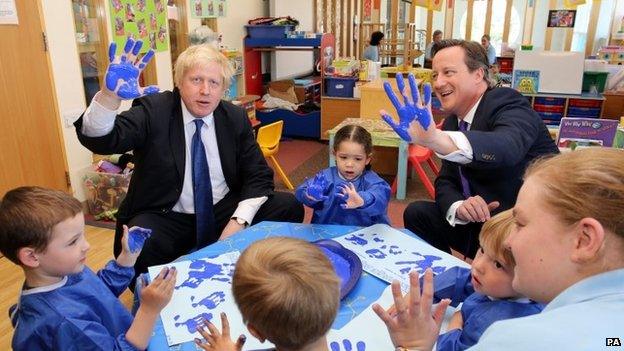 Boris Johnson and David Cameron during a visit to a nursery in south-west London