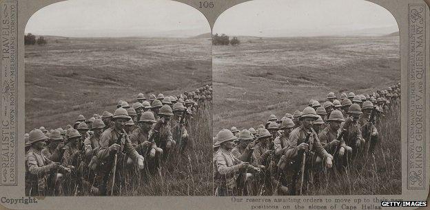 British reserve troops awaiting orders to move up to new positions on the slopes of Cape Helles, at the beginning of the Gallipoli Campaign, Turkey, World War One, 1915.