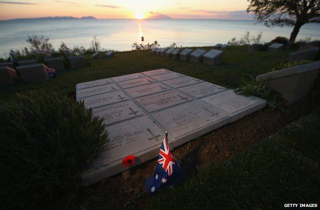 Gravestones of Australian Anzac soldiers killed during the Gallipoli Campaign at Beach Cemetery at Anzac Cove on 21 April 2015 near Eceabat, Turkey.