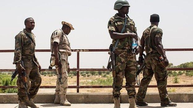 Nigerian troops pictured on 25 March 2015 near Bama