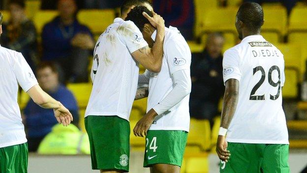 Hibs celebrate Dominique Malonga's goal