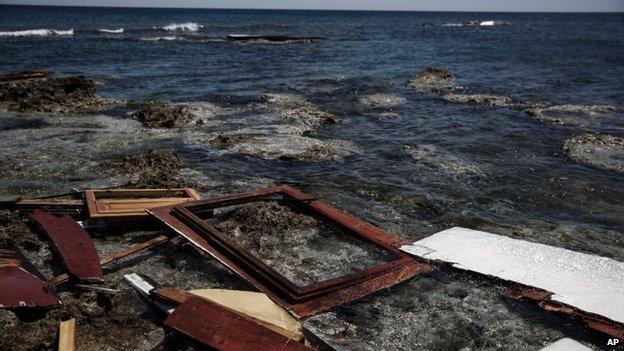 Wreckage of migrant boat along the coast of the Greek island of Rhodes. 22 April 2015