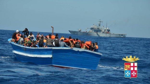 Migrants (mainly from Africa), spotted 100m south of Lampedusa and rescued by Italian units deployed to Operation Mare Nostrum