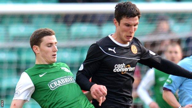 Hibernian's Paul Hanlon and Motherwell's John Sutton