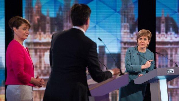 (L-R) Plaid Cymru leader Leanne Wood, Labour leader Ed Miliband and SNP leader Nicola Sturgeon