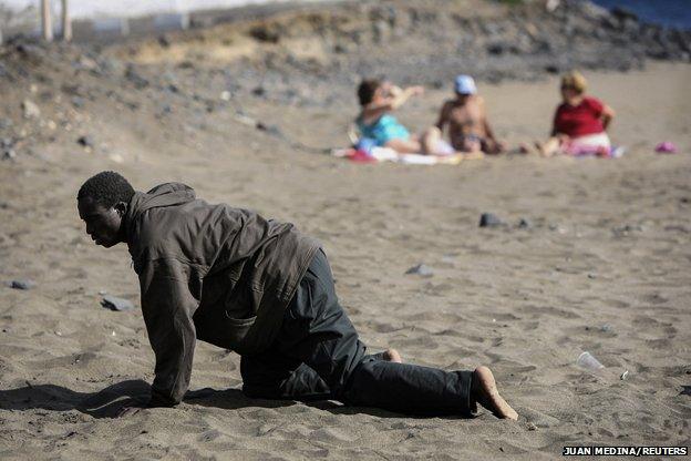 Fuerteventura, May 5, 2006. About 38 migrants arrived at the beach on makeshift boats