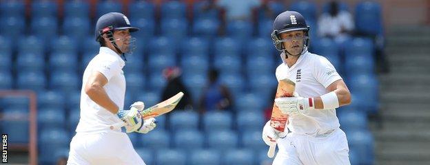 Alastair Cook (left) and Jonathan Trott run between the wickets