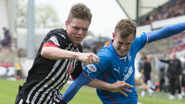 Dunfermline's Greg Spence tussles with Rangers' Dean Shiels