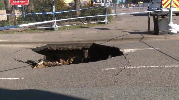 Sinkhole in street in Northampton