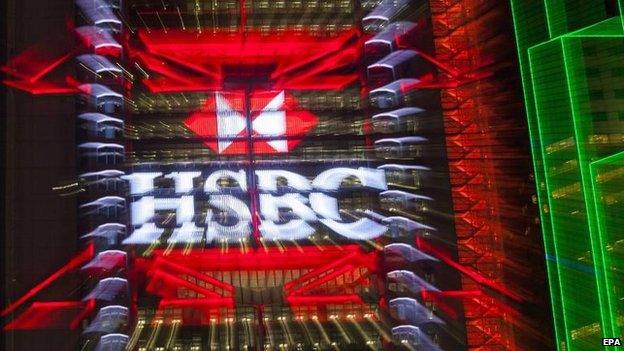 HSBC logo lit up on the exterior of the HSBC building in Hong Kong