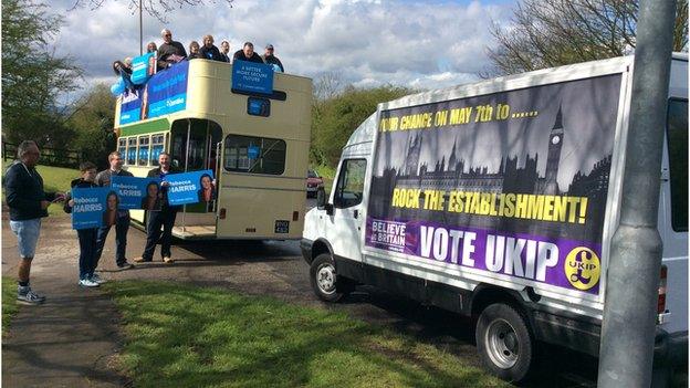 UKIP bus following a Conservative bus