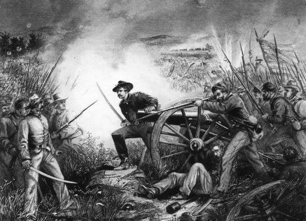 Lt Van Pelt defending his battery in the battle of Chicamauga (Chickamauga) during the American Civil War