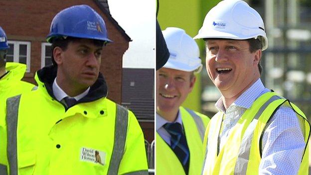 Ed Miliband and David Cameron in hard hats