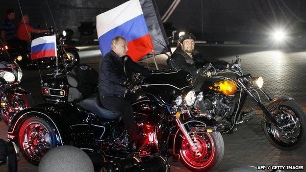 President Putin rides with the Night Wolves leader Alexander Zaldostanov 07 July 2009