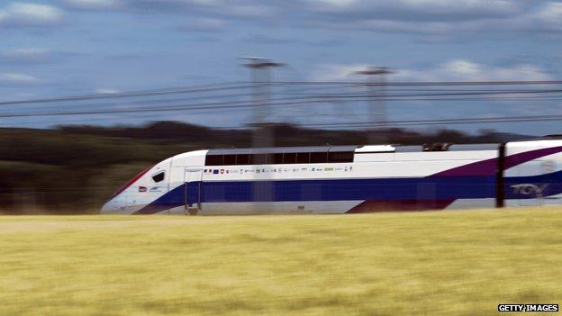 The 3rd generation duplex TGV High speed train runs during a test between Dijon and Besancon on June 20, 2011 in Auxon-Dessus, eastern France