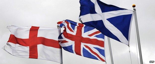 The St George's flag, union jack and Saltire