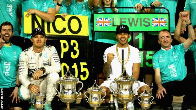 Nico Rosberg and Lewis Hamilton celebrate their win at the Bahrain grand prix