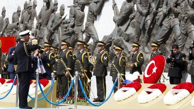 Prince Charles, Prince of Wales lays a wreath at the Canakkale Turkish Martyrs' Memorial Abide during the International Service