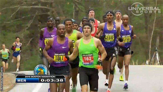 Derek Yorek leads the Boston Marathon