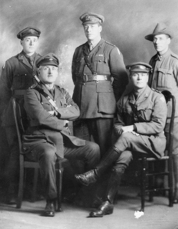 (from back left) Major Benjamin Bennett Leane; Lieutenant Colonel Raymond Lionel Leane; Ernest Albert Leane. Seated: Major Edwin Thomas Leane and Major Allan William Leane.