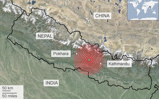 A map showing the location of an earthquake striking Nepal