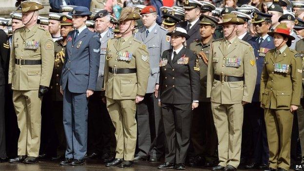 Military personnel from various countries prepare to march past the Cenotaph