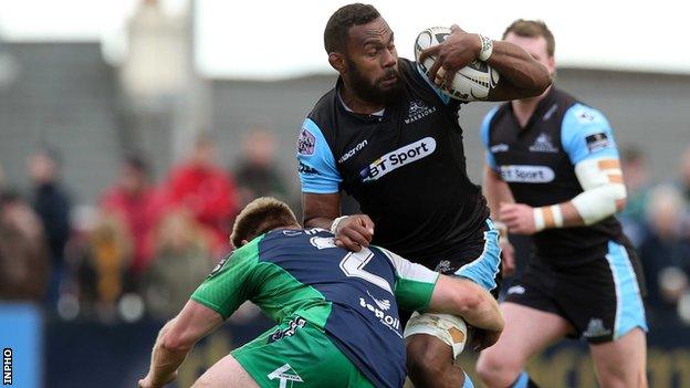 Glasgow's Leone Nakawara is tackled by Connacht's Tom McCartney