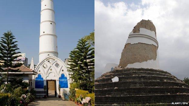 Kathmandu's landmark Dharahara tower before and after the earthquake