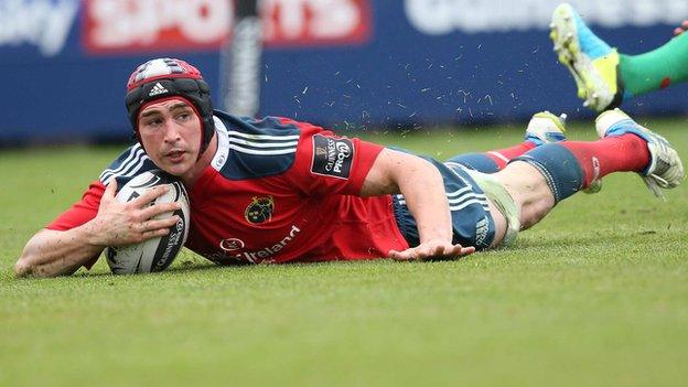 Tommy O'Donnell scores Munster's third try in Saturday's win over Treviso