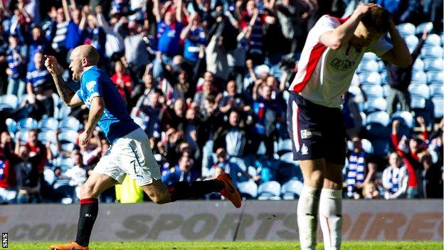 Nicky Law celebrates after scoring for Rangers against Falkirk