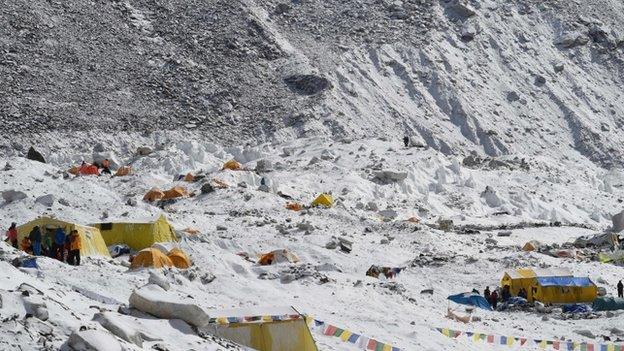 This general view shows Everest Base Camp on April 26, 2015, a day after an avalanche triggered by an earthquake devastated the camp.