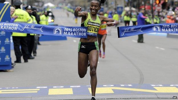 Runner finishing the Boston Marathon