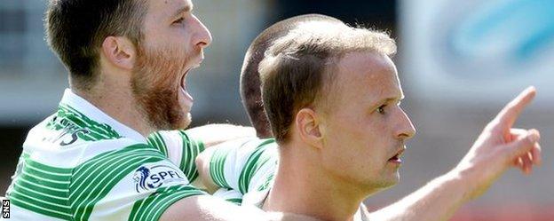 Leigh Griffiths (right) celebrates opening the scoring for Celtic