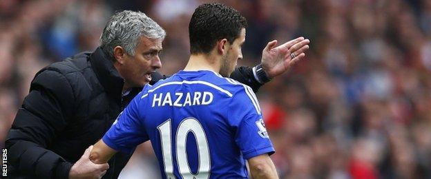 Chelsea manager Jose Mourinho gives instructions to Eden Hazard