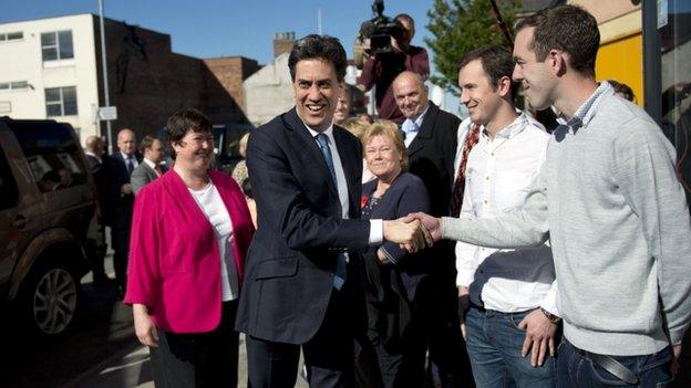 Ed Miliband greeting Labour supporters before arriving to give a speech in Stockton