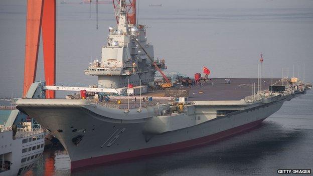 Chinese aircraft carrier Liaoning docked at the seaport city of Dalian