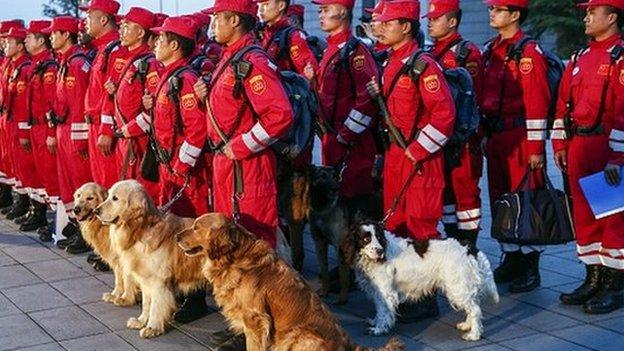 Chinese search and rescue personnel and their search dogs stand in formation as they prepare to head to earthquake-ravaged Nepal from Beijing on April 26, 2015.