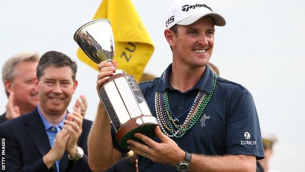 Justin Rose celebrates winning the Zurich Classic of New Orleans