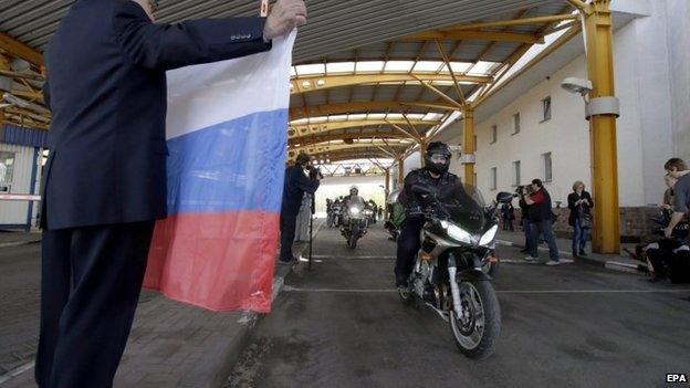 Russian bikers leaving Belarus before being blocked at the Polish border, 27 April 2015