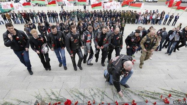 Night Wolves bikers at a war memorial in Belarus, 26 April 2015