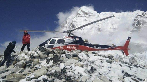 A helicopter at Everest Base Camp