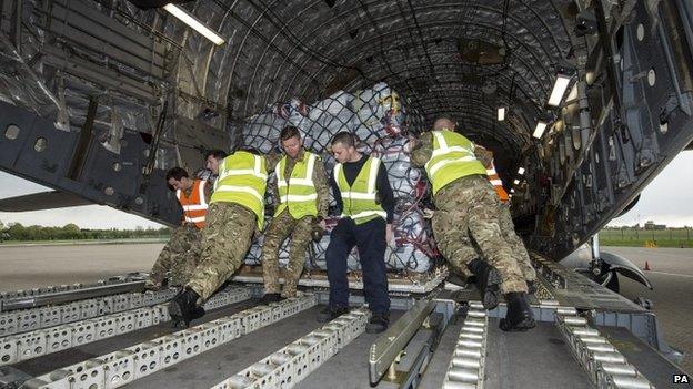 Aid for Nepal being loaded onto a C17 aircraft from 99 Sqn RAF Brize Norton prior to its take off for Kathmandu