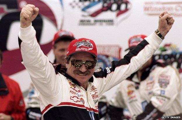 Dale Earnhardt Sr celebrates after winning the Daytona 500 in 1998