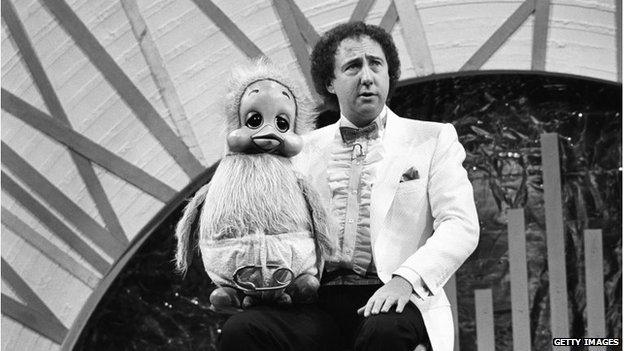 Keith Harris, ventriloquist, performing with puppet Orville the Duck during the Royal Variety Performance, at the Victoria Palace Theatre, London, 19th November 1984